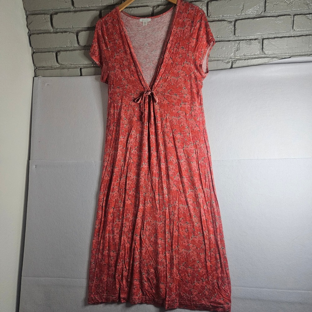 Garnet Hill Red Floral Rose Print V-Neck Tie Front Jersey Midi Dress Womens M